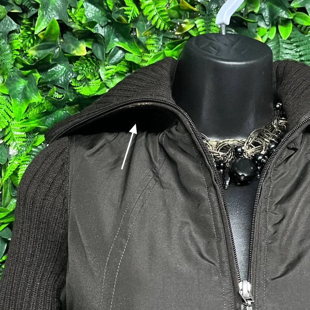 Tahari‎ Jacket Womens XS Dark Brown Wool Ribbed Knit Mixed Media Zip 3598